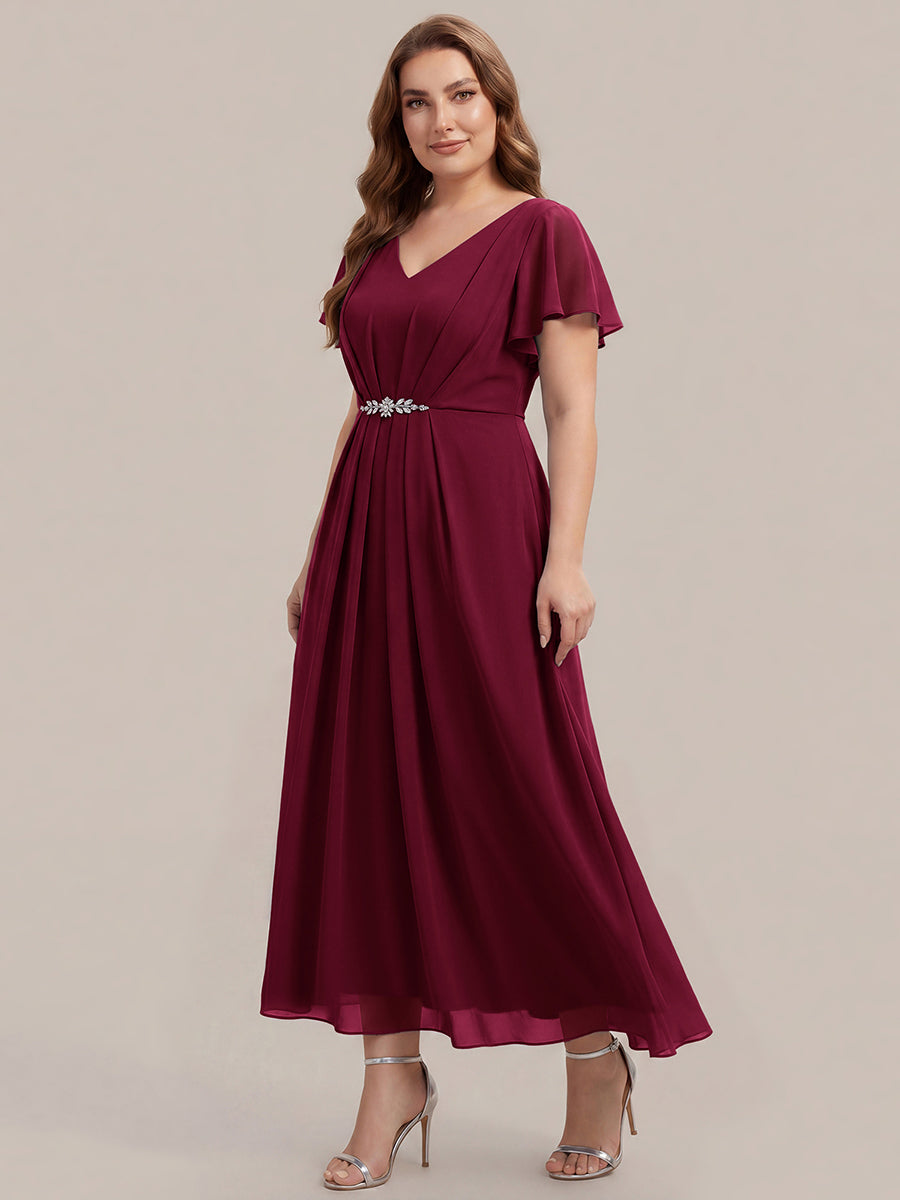 Kn?chellang V-Ausschnitt A-Line Chiffon Kleid R¨¹schendetails Strassverzierungen #Farbe_Burgunderrot