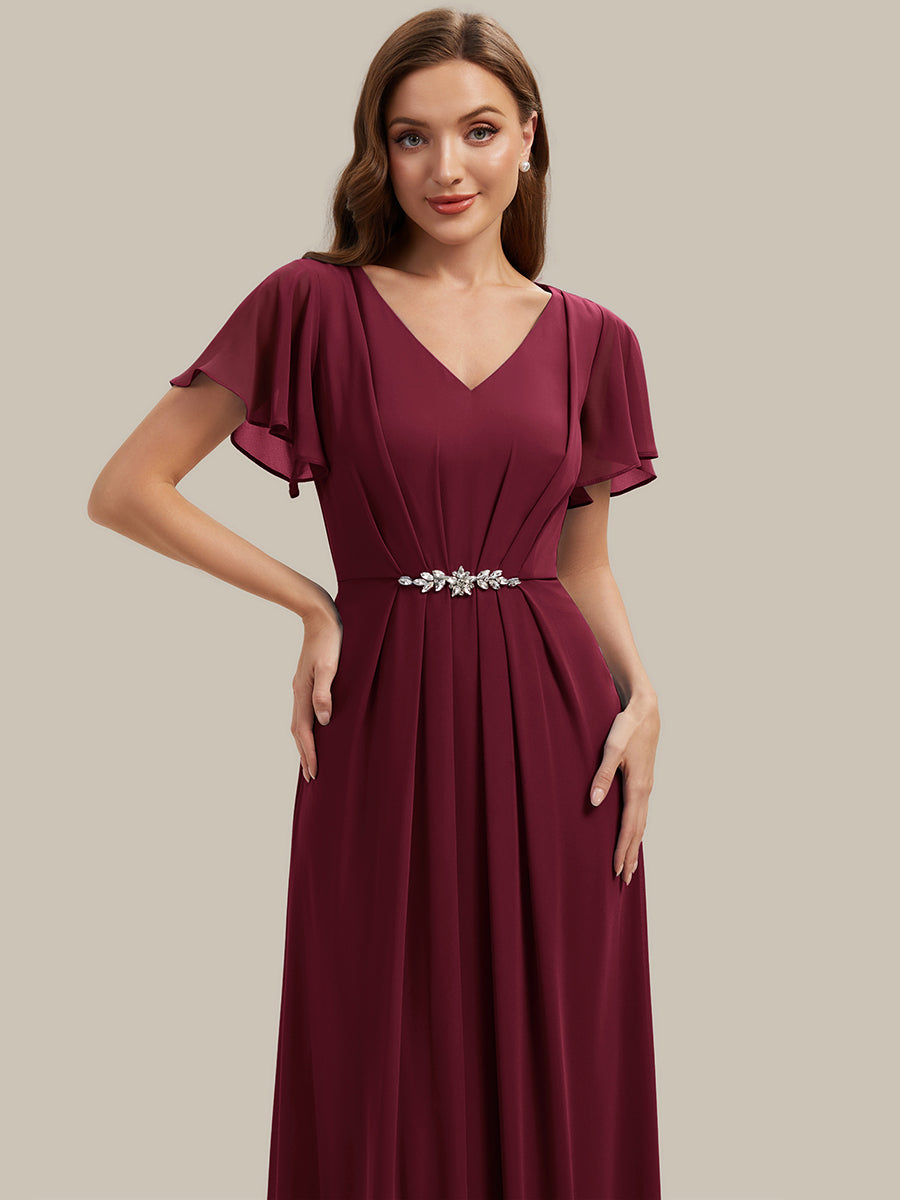 Kn?chellang V-Ausschnitt A-Line Chiffon Kleid R¨¹schendetails Strassverzierungen #Farbe_Burgunderrot