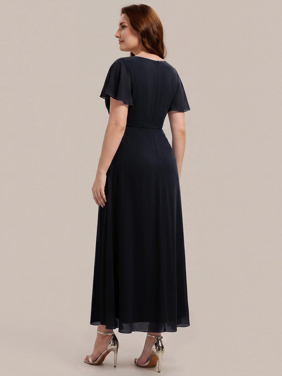Kn?chellang V-Ausschnitt A-Line Chiffon Kleid R¨¹schendetails Strassverzierungen #Farbe_Schwarz