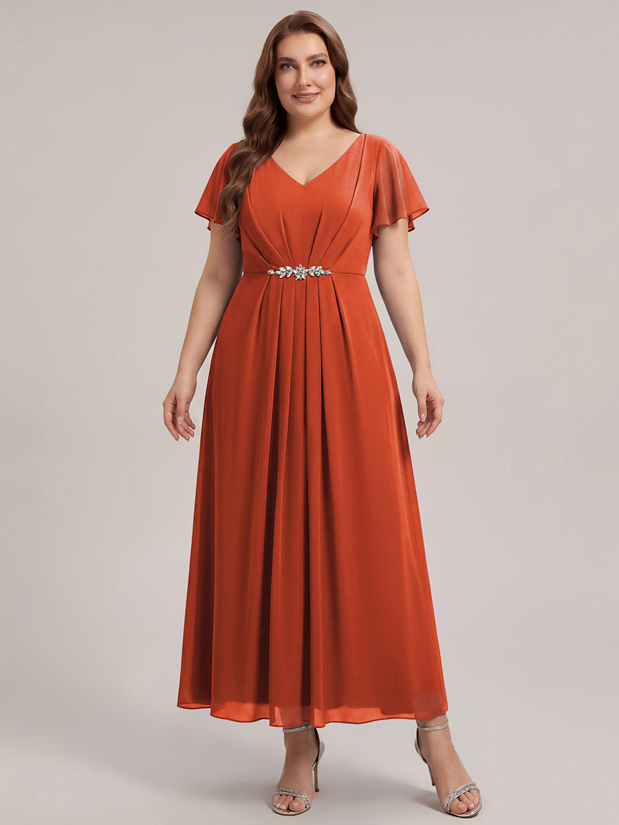 Kn?chellang V-Ausschnitt A-Line Chiffon Kleid R¨¹schendetails Strassverzierungen #Farbe_Gebranntes Orange