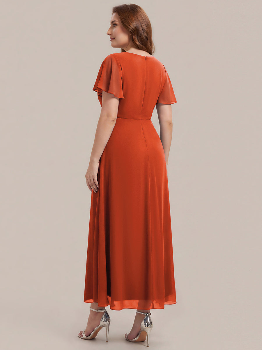 Kn?chellang V-Ausschnitt A-Line Chiffon Kleid R¨¹schendetails Strassverzierungen #Farbe_Gebranntes Orange