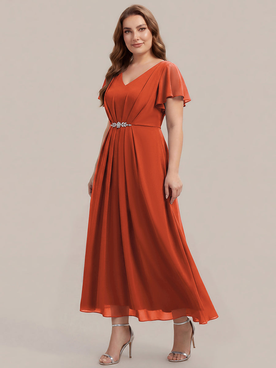 Kn?chellang V-Ausschnitt A-Line Chiffon Kleid R¨¹schendetails Strassverzierungen #Farbe_Gebranntes Orange