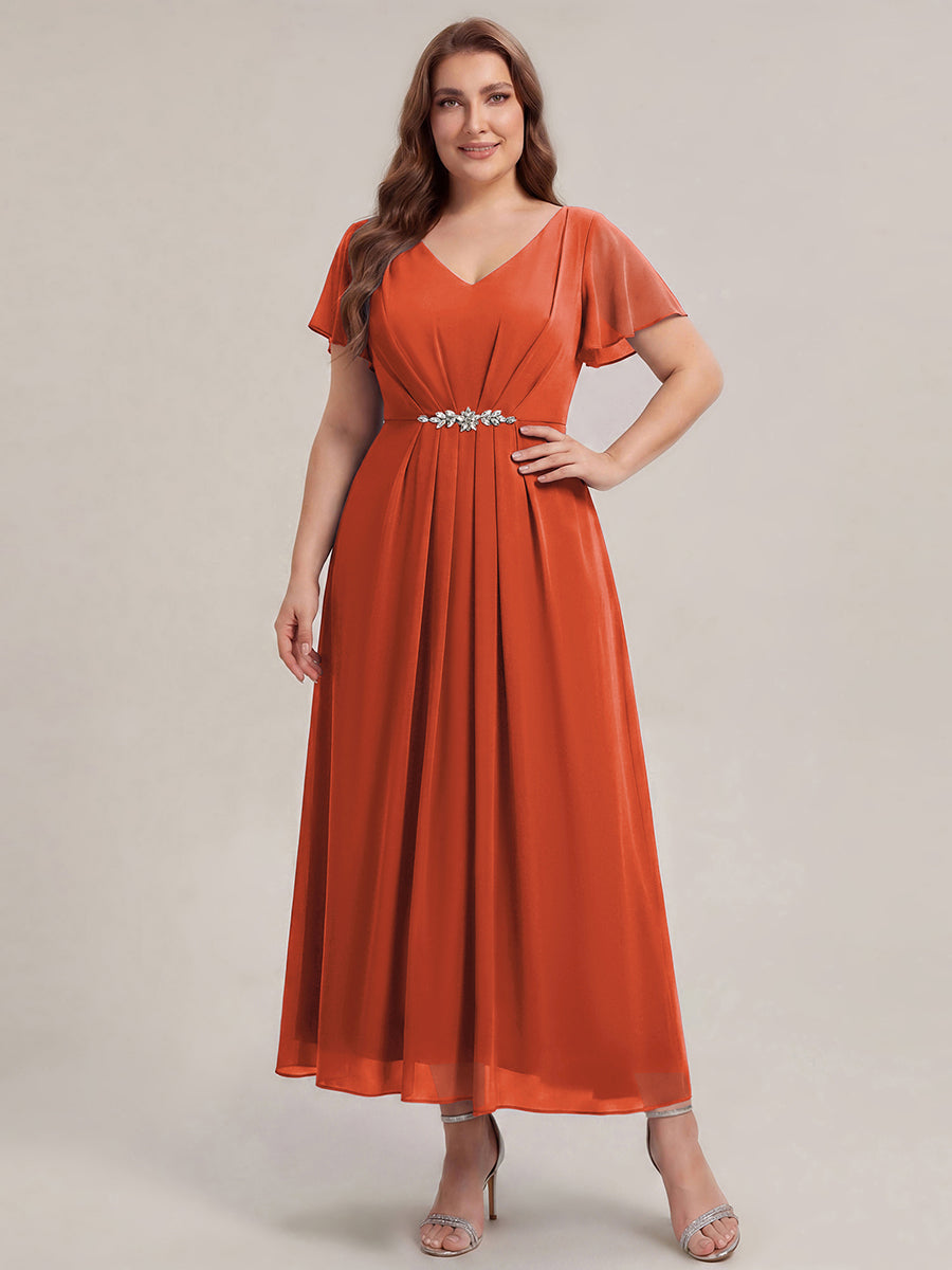 Kn?chellang V-Ausschnitt A-Line Chiffon Kleid R¨¹schendetails Strassverzierungen #Farbe_Gebranntes Orange