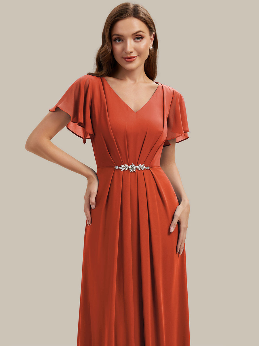 Kn?chellang V-Ausschnitt A-Line Chiffon Kleid R¨¹schendetails Strassverzierungen #Farbe_Gebranntes Orange