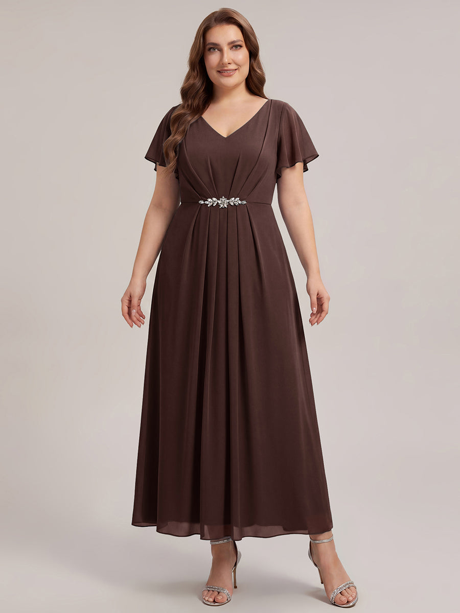Kn?chellang V-Ausschnitt A-Line Chiffon Kleid R¨¹schendetails Strassverzierungen #Farbe_Schokoladenbraun