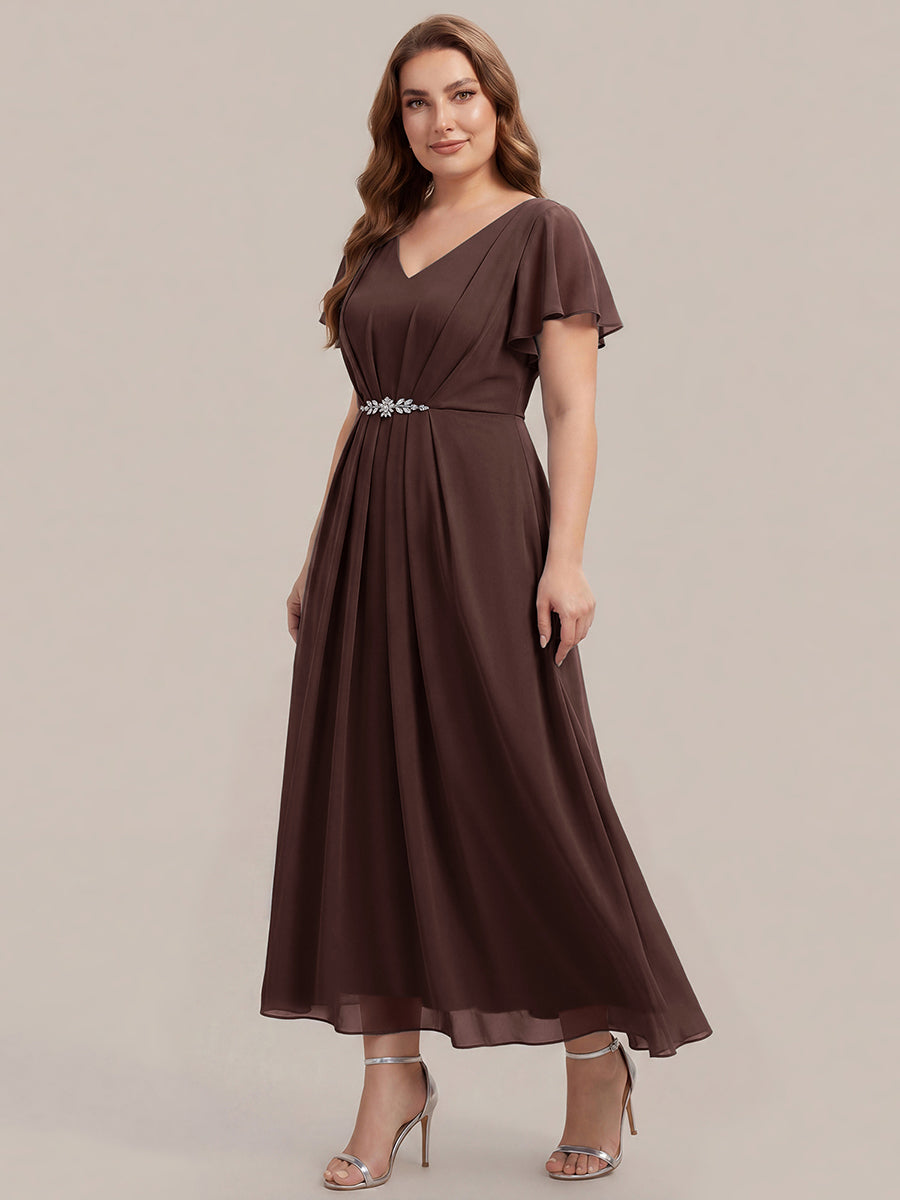 Kn?chellang V-Ausschnitt A-Line Chiffon Kleid R¨¹schendetails Strassverzierungen #Farbe_Schokoladenbraun
