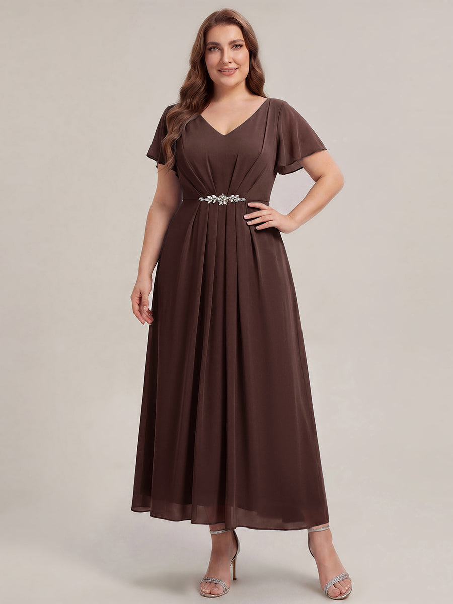 Kn?chellang V-Ausschnitt A-Line Chiffon Kleid R¨¹schendetails Strassverzierungen #Farbe_Schokoladenbraun