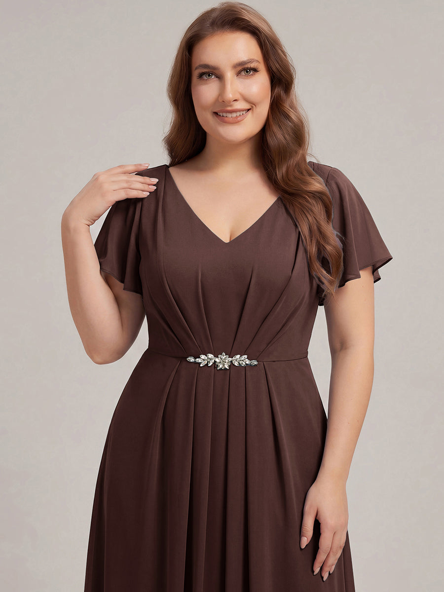 Kn?chellang V-Ausschnitt A-Line Chiffon Kleid R¨¹schendetails Strassverzierungen #Farbe_Schokoladenbraun