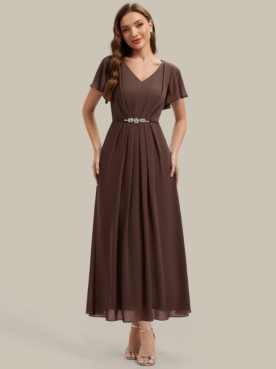 Kn?chellang V-Ausschnitt A-Line Chiffon Kleid R¨¹schendetails Strassverzierungen #Farbe_Schokoladenbraun