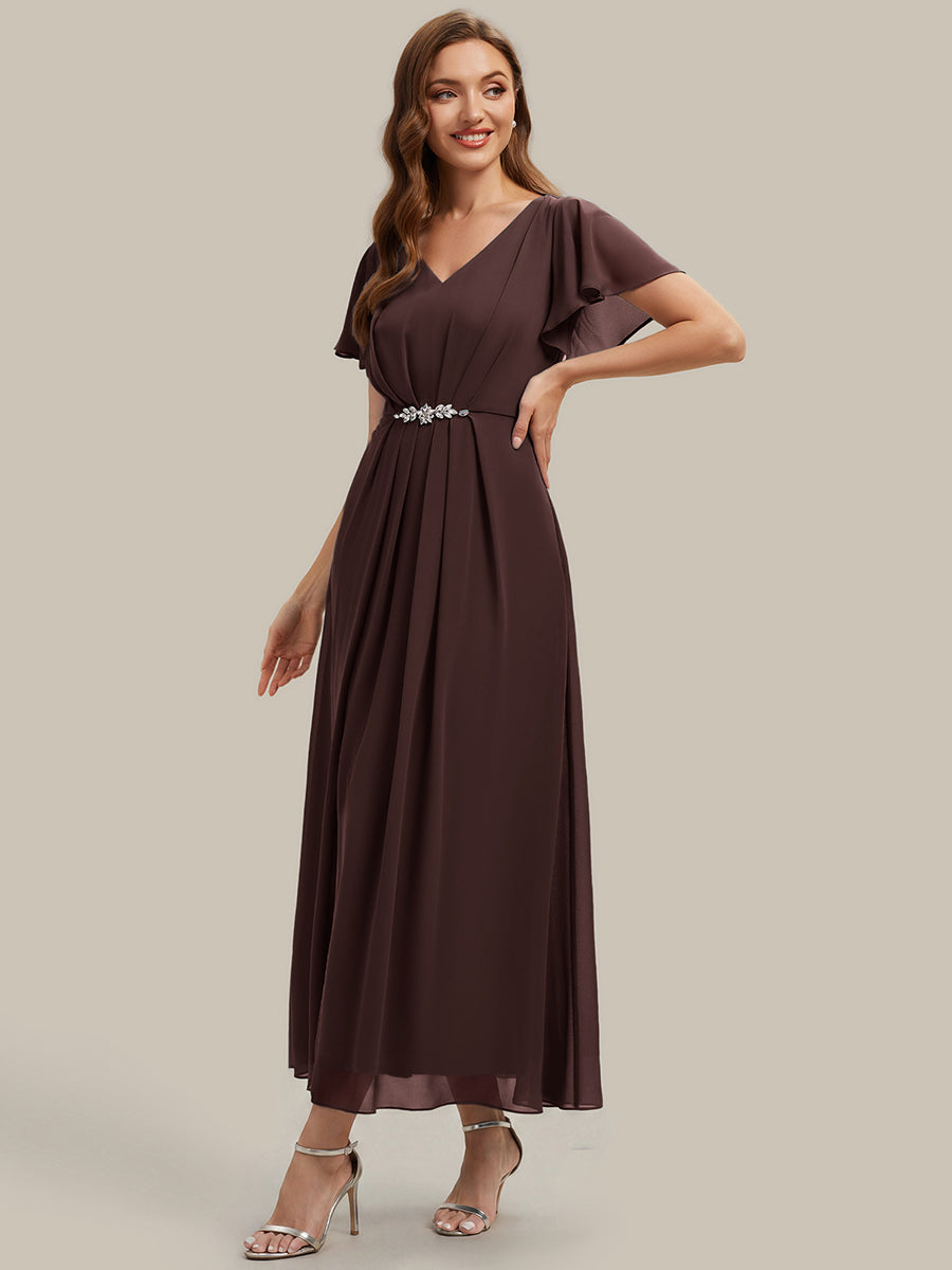 Kn?chellang V-Ausschnitt A-Line Chiffon Kleid R¨¹schendetails Strassverzierungen #Farbe_Schokoladenbraun