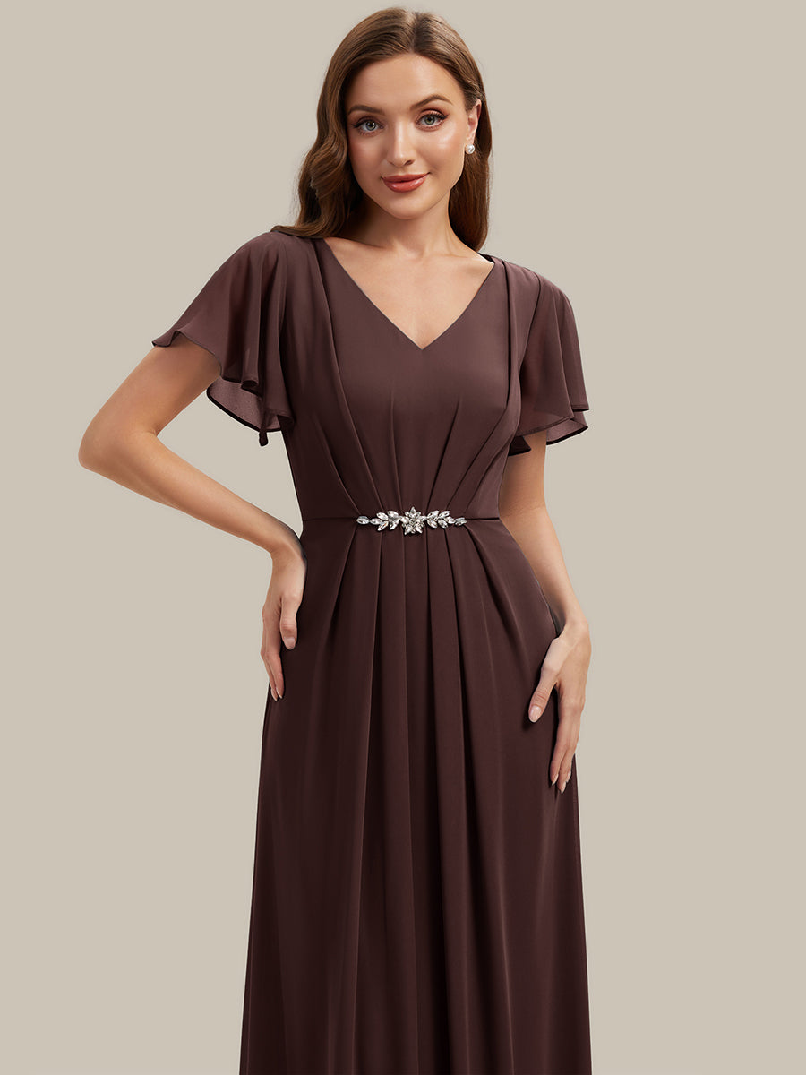 Kn?chellang V-Ausschnitt A-Line Chiffon Kleid R¨¹schendetails Strassverzierungen #Farbe_Schokoladenbraun