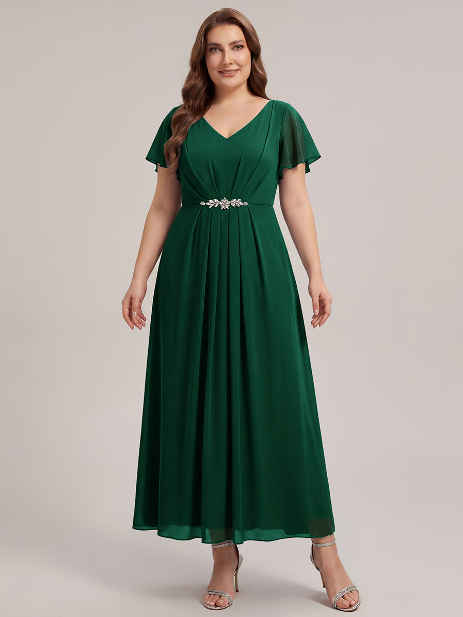 Kn?chellang V-Ausschnitt A-Line Chiffon Kleid R¨¹schendetails Strassverzierungen #Farbe_Dunkelgrün