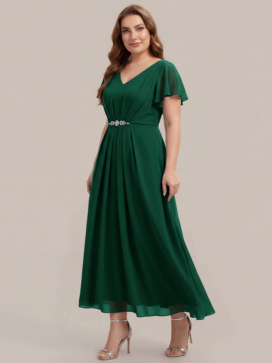 Kn?chellang V-Ausschnitt A-Line Chiffon Kleid R¨¹schendetails Strassverzierungen #Farbe_Dunkelgrün
