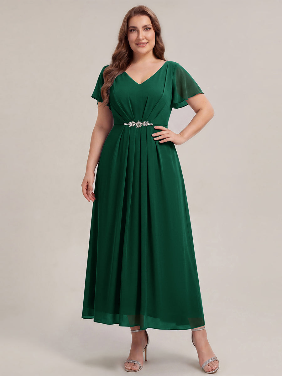 Kn?chellang V-Ausschnitt A-Line Chiffon Kleid R¨¹schendetails Strassverzierungen #Farbe_Dunkelgrün