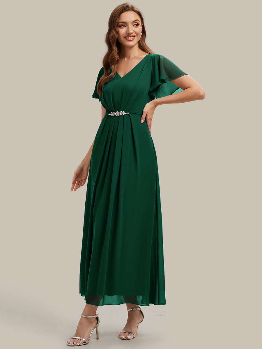 Kn?chellang V-Ausschnitt A-Line Chiffon Kleid R¨¹schendetails Strassverzierungen #Farbe_Dunkelgrün