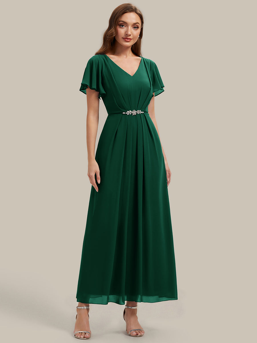 Kn?chellang V-Ausschnitt A-Line Chiffon Kleid R¨¹schendetails Strassverzierungen #Farbe_Dunkelgrün
