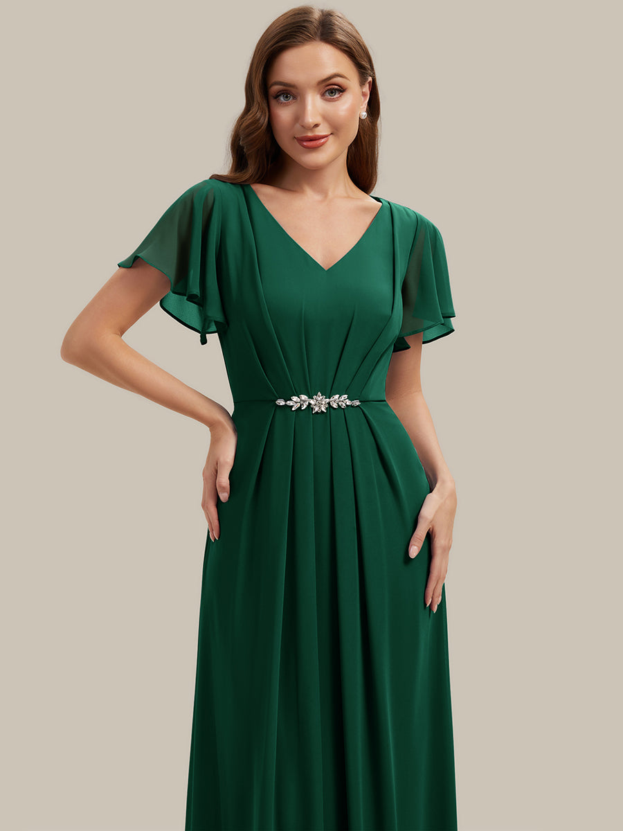 Kn?chellang V-Ausschnitt A-Line Chiffon Kleid R¨¹schendetails Strassverzierungen #Farbe_Dunkelgrün