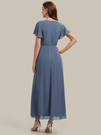 Kn?chellang V-Ausschnitt A-Line Chiffon Kleid R¨¹schendetails Strassverzierungen #Farbe_Taubenblau