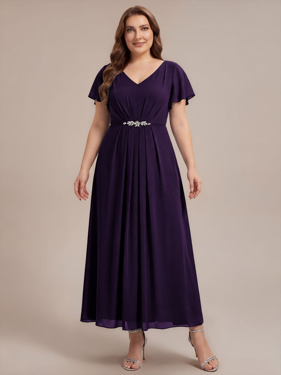 Kn?chellang V-Ausschnitt A-Line Chiffon Kleid R¨¹schendetails Strassverzierungen #Farbe_Dunkelviolett