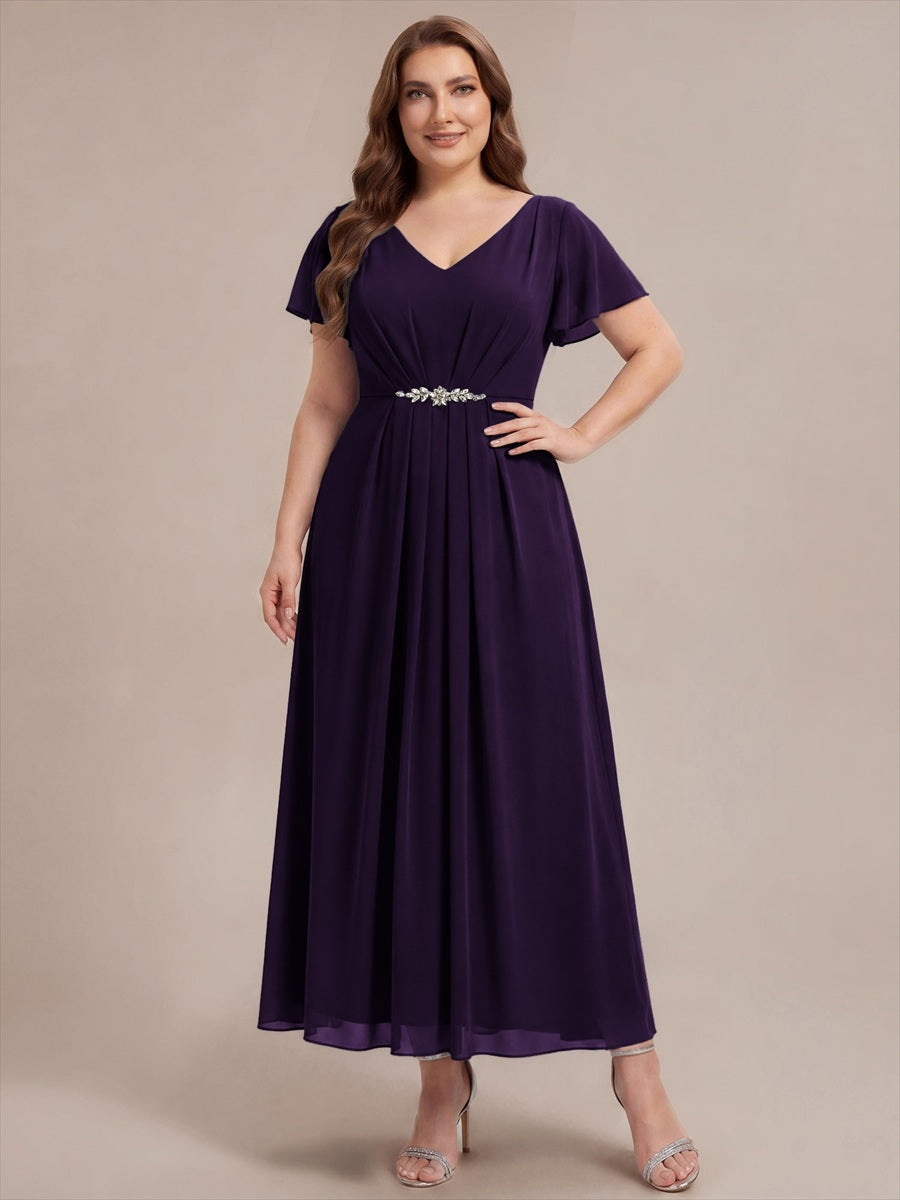 Kn?chellang V-Ausschnitt A-Line Chiffon Kleid R¨¹schendetails Strassverzierungen #Farbe_Dunkelviolett