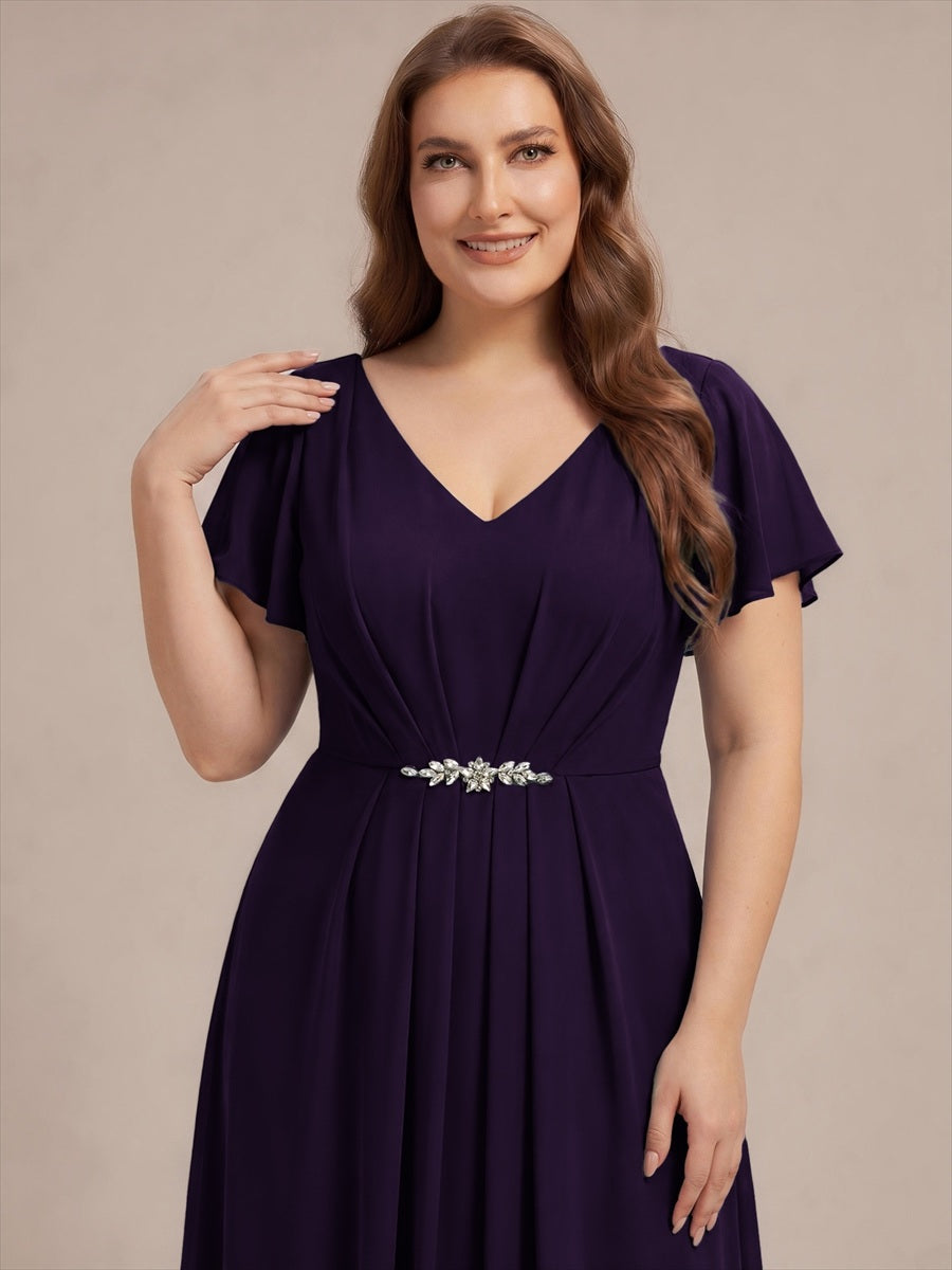 Kn?chellang V-Ausschnitt A-Line Chiffon Kleid R¨¹schendetails Strassverzierungen #Farbe_Dunkelviolett