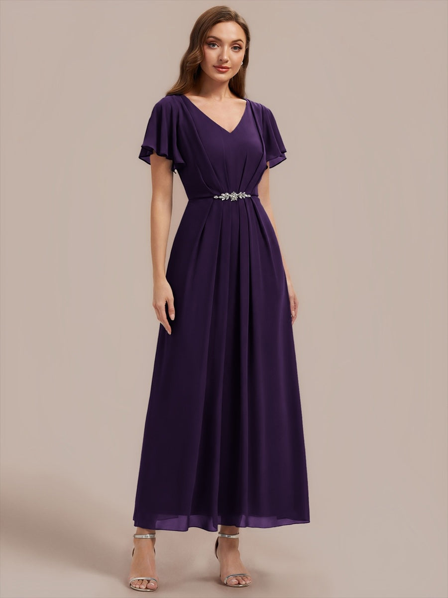 Kn?chellang V-Ausschnitt A-Line Chiffon Kleid R¨¹schendetails Strassverzierungen #Farbe_Dunkelviolett