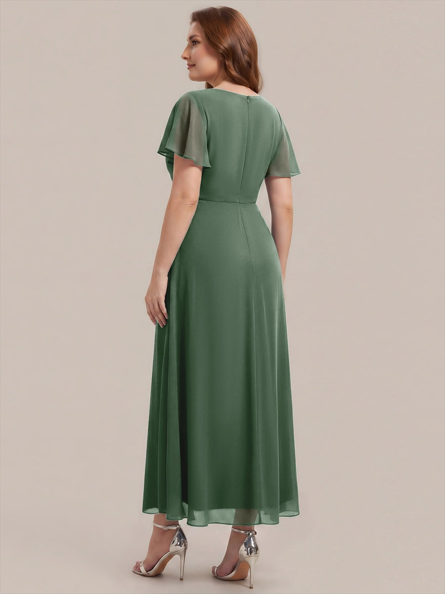 Kn?chellang V-Ausschnitt A-Line Chiffon Kleid R¨¹schendetails Strassverzierungen #Farbe_Eukalyptus