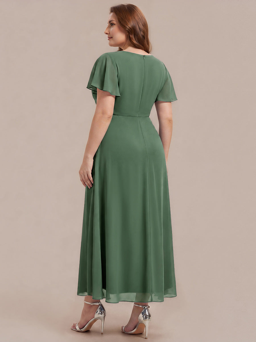 Kn?chellang V-Ausschnitt A-Line Chiffon Kleid R¨¹schendetails Strassverzierungen #Farbe_Eukalyptus