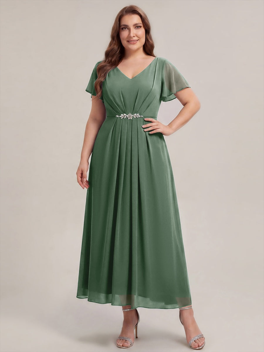 Kn?chellang V-Ausschnitt A-Line Chiffon Kleid R¨¹schendetails Strassverzierungen #Farbe_Eukalyptus