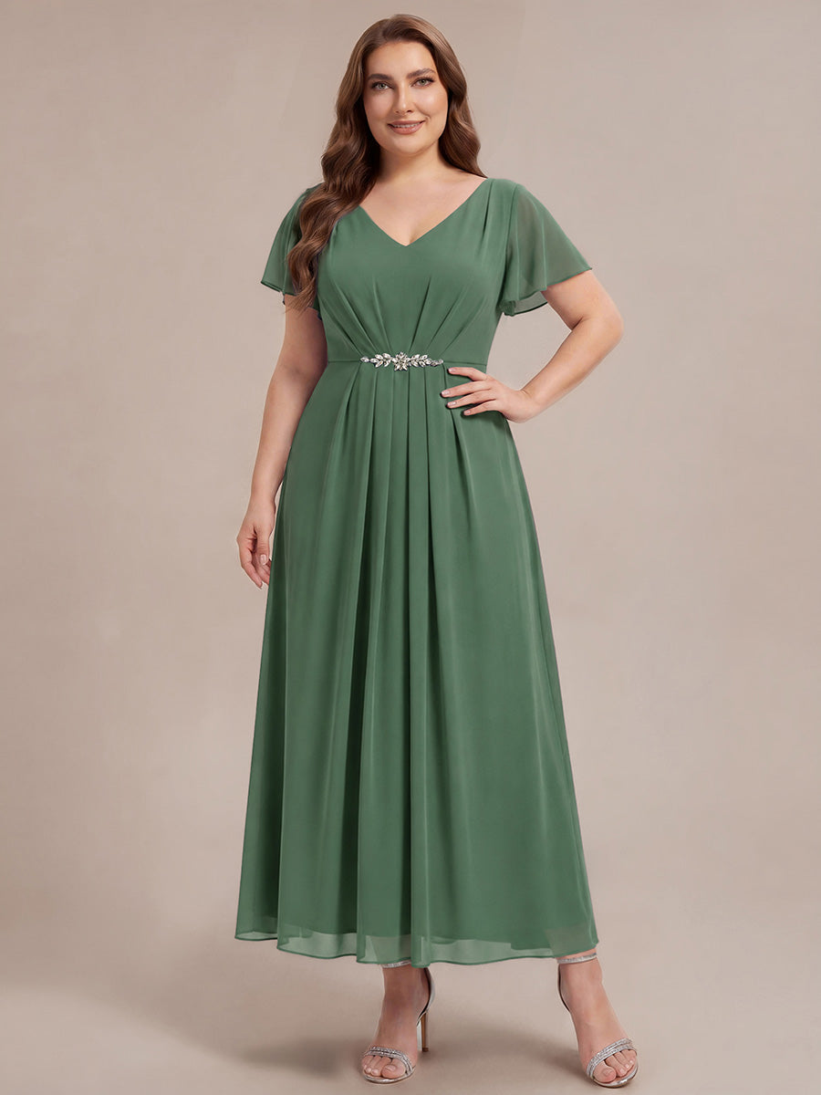 Kn?chellang V-Ausschnitt A-Line Chiffon Kleid R¨¹schendetails Strassverzierungen #Farbe_Eukalyptus