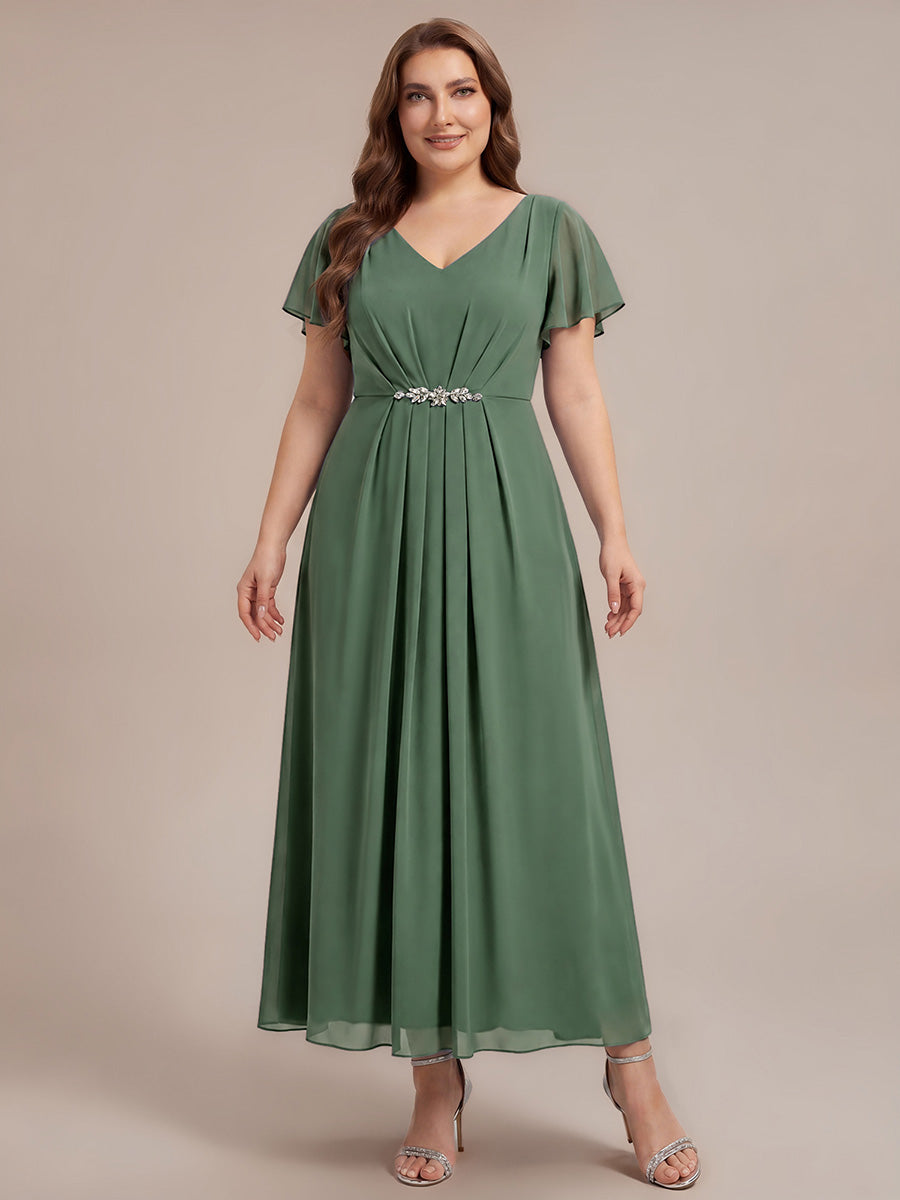 Kn?chellang V-Ausschnitt A-Line Chiffon Kleid R¨¹schendetails Strassverzierungen #Farbe_Eukalyptus