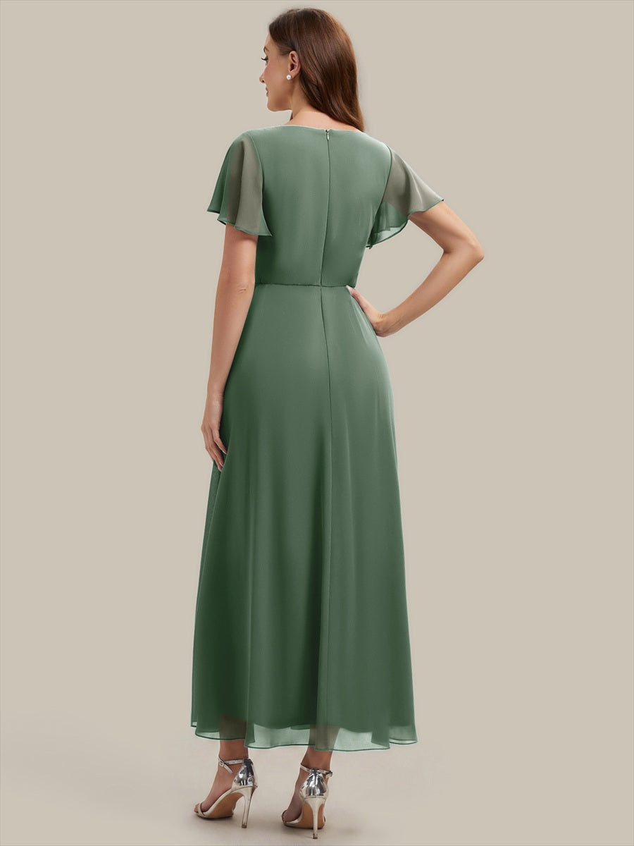 Kn?chellang V-Ausschnitt A-Line Chiffon Kleid R¨¹schendetails Strassverzierungen #Farbe_Eukalyptus