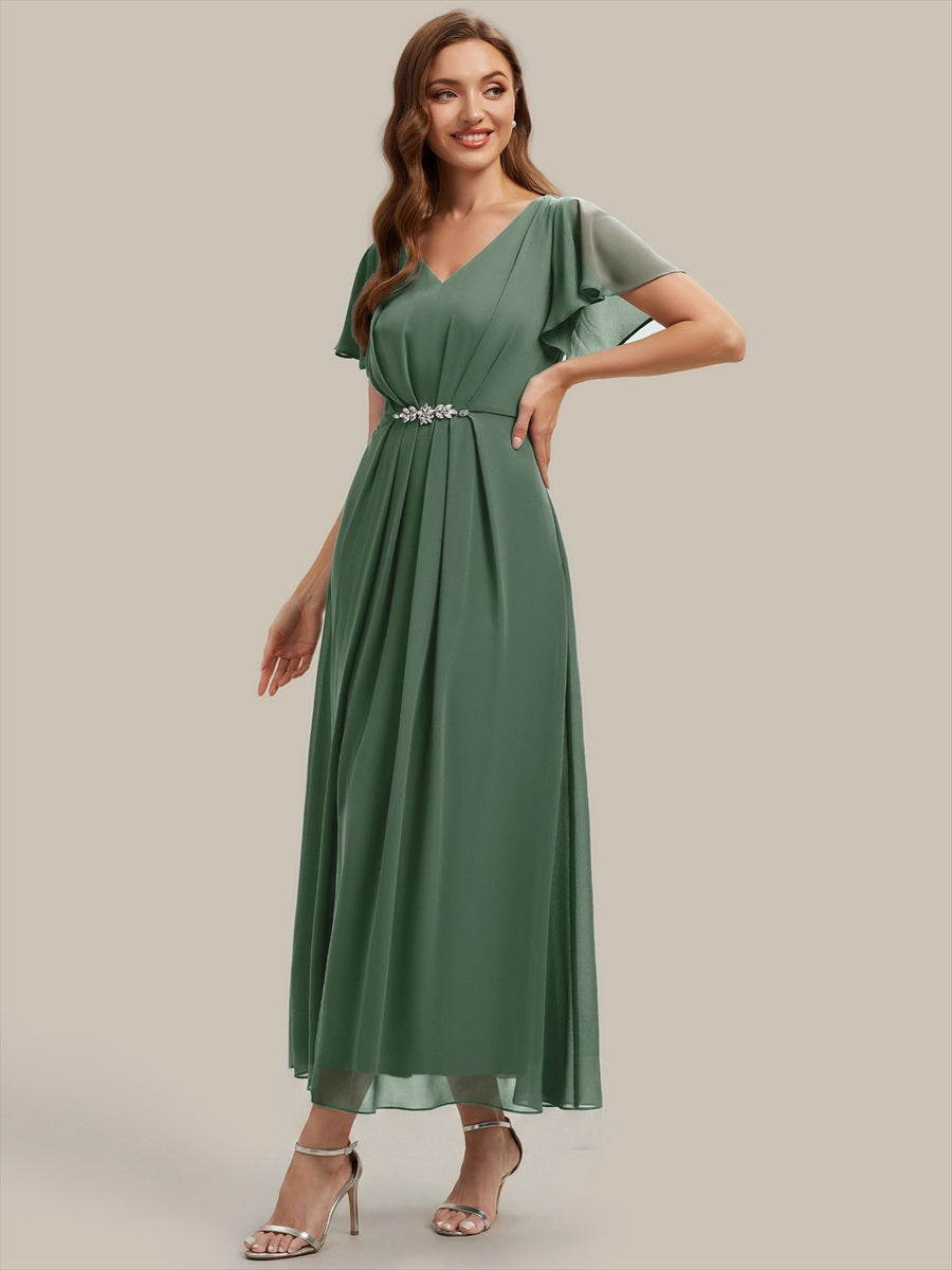 Kn?chellang V-Ausschnitt A-Line Chiffon Kleid R¨¹schendetails Strassverzierungen #Farbe_Eukalyptus