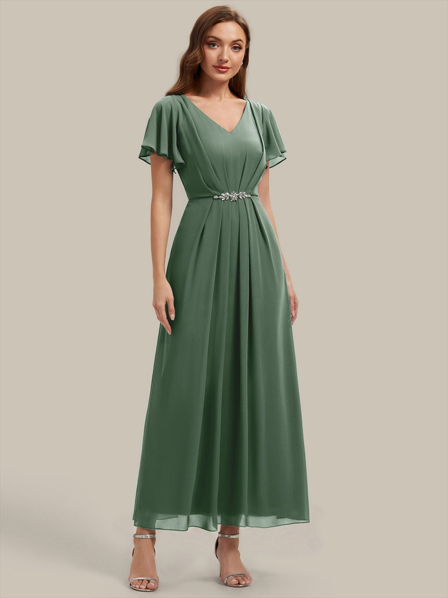 Kn?chellang V-Ausschnitt A-Line Chiffon Kleid R¨¹schendetails Strassverzierungen #Farbe_Eukalyptus