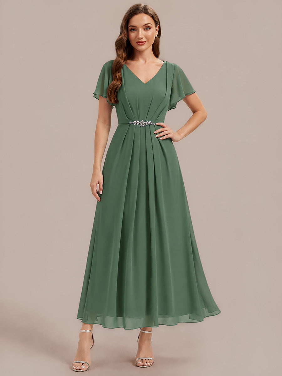Kn?chellang V-Ausschnitt A-Line Chiffon Kleid R¨¹schendetails Strassverzierungen #Farbe_Eukalyptus