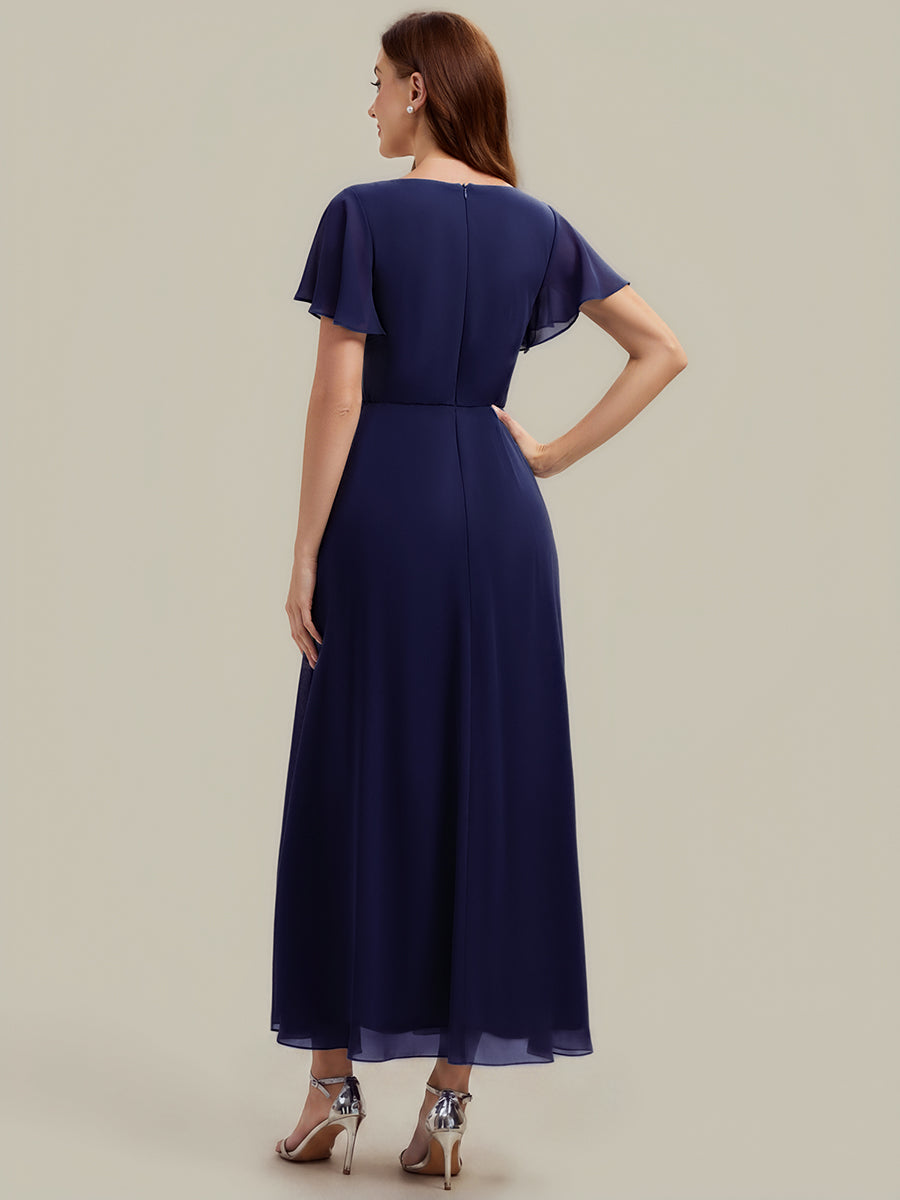Kn?chellang V-Ausschnitt A-Line Chiffon Kleid R¨¹schendetails Strassverzierungen #Farbe_Marineblau