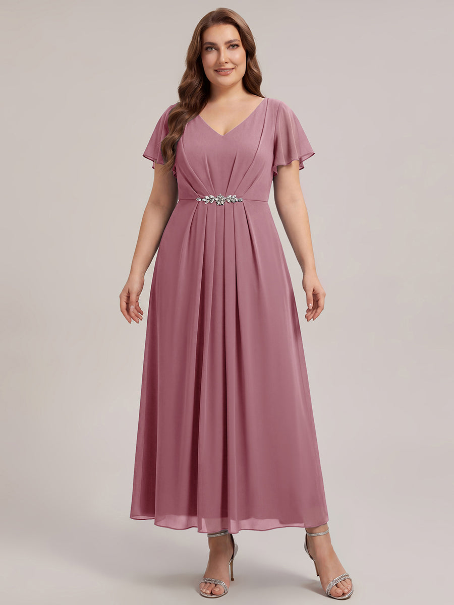 Kn?chellang V-Ausschnitt A-Line Chiffon Kleid R¨¹schendetails Strassverzierungen #Farbe_Orchid