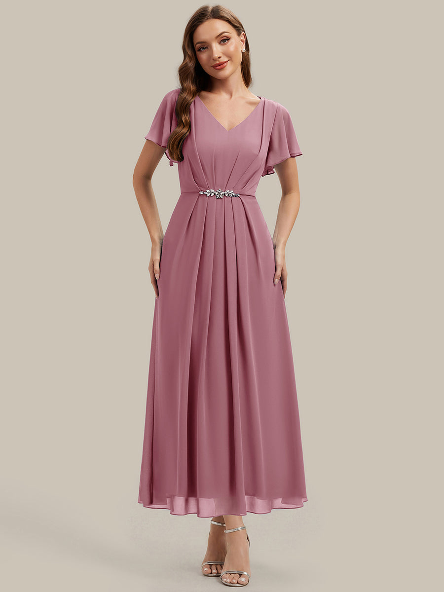 Kn?chellang V-Ausschnitt A-Line Chiffon Kleid R¨¹schendetails Strassverzierungen #Farbe_Orchid
