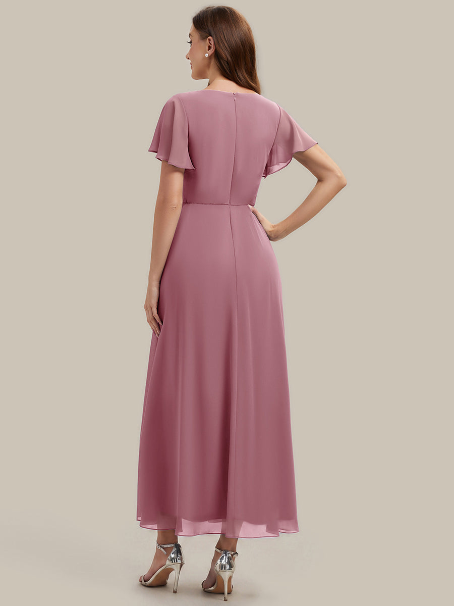 Kn?chellang V-Ausschnitt A-Line Chiffon Kleid R¨¹schendetails Strassverzierungen #Farbe_Orchid