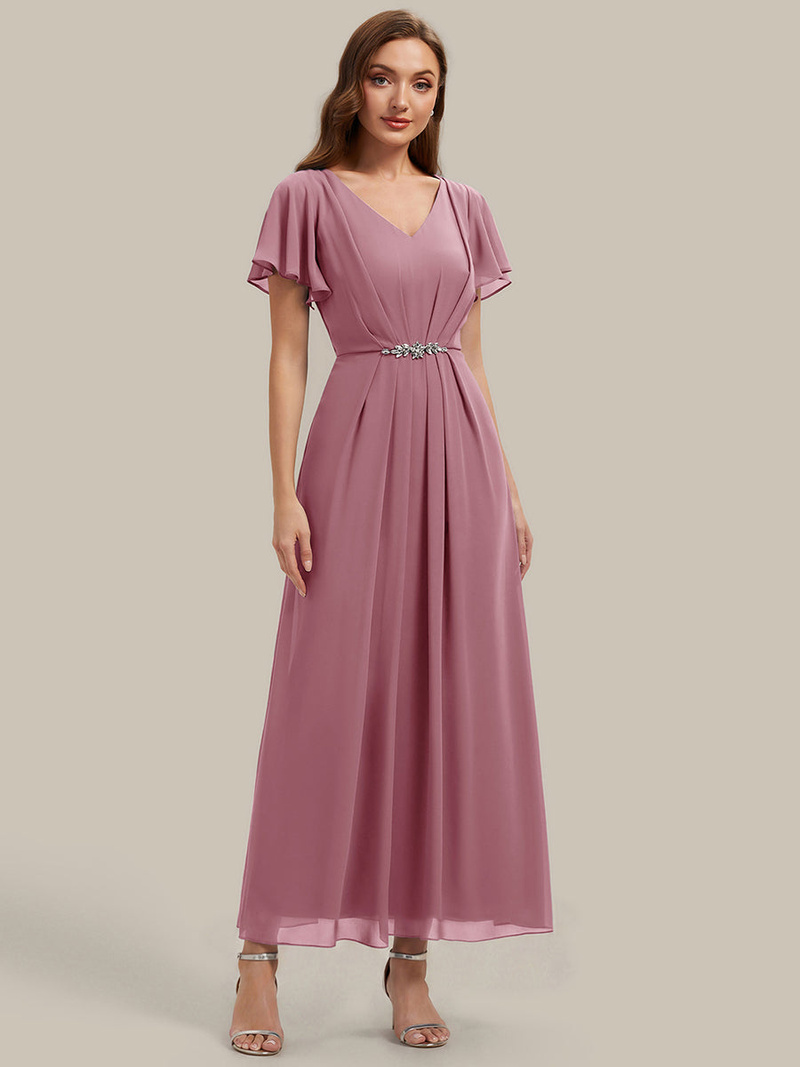 Kn?chellang V-Ausschnitt A-Line Chiffon Kleid R¨¹schendetails Strassverzierungen #Farbe_Orchid