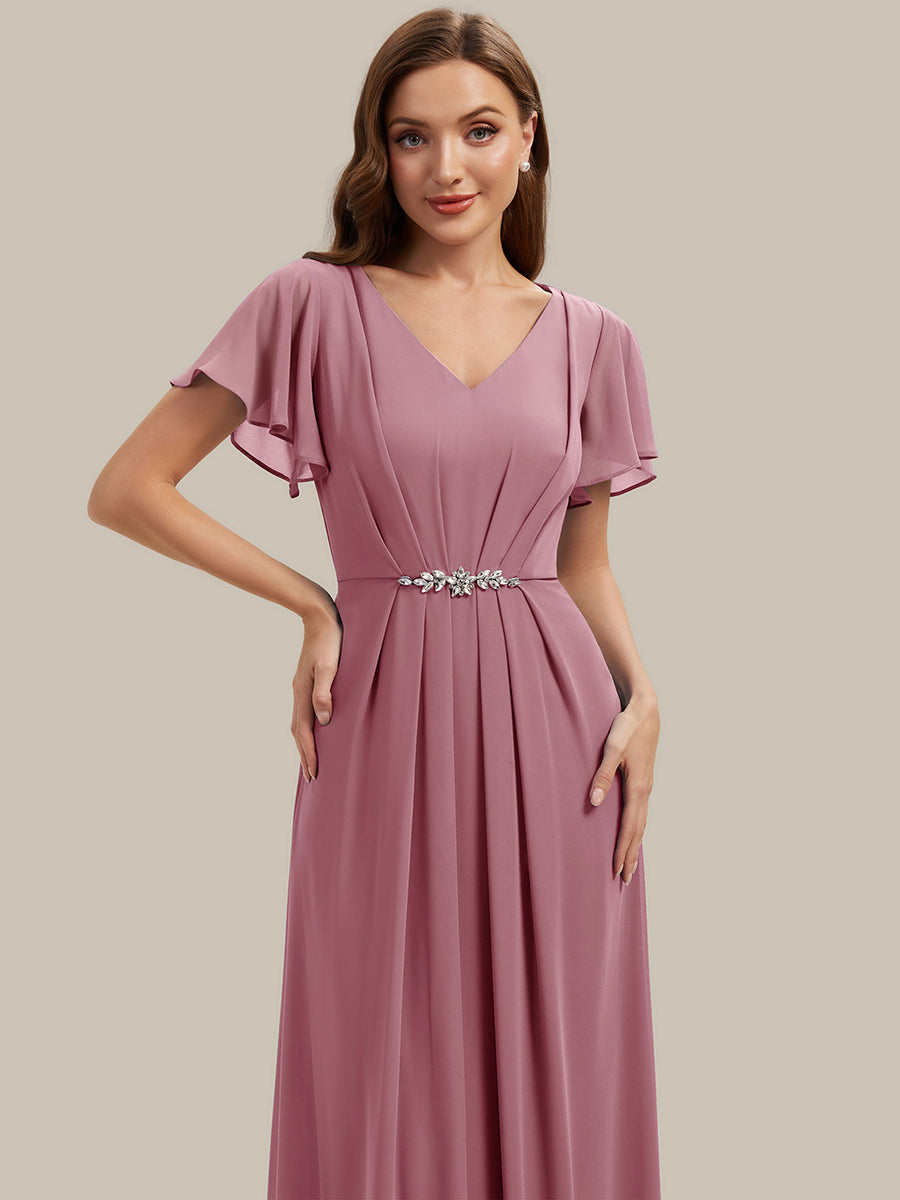 Kn?chellang V-Ausschnitt A-Line Chiffon Kleid R¨¹schendetails Strassverzierungen #Farbe_Orchid
