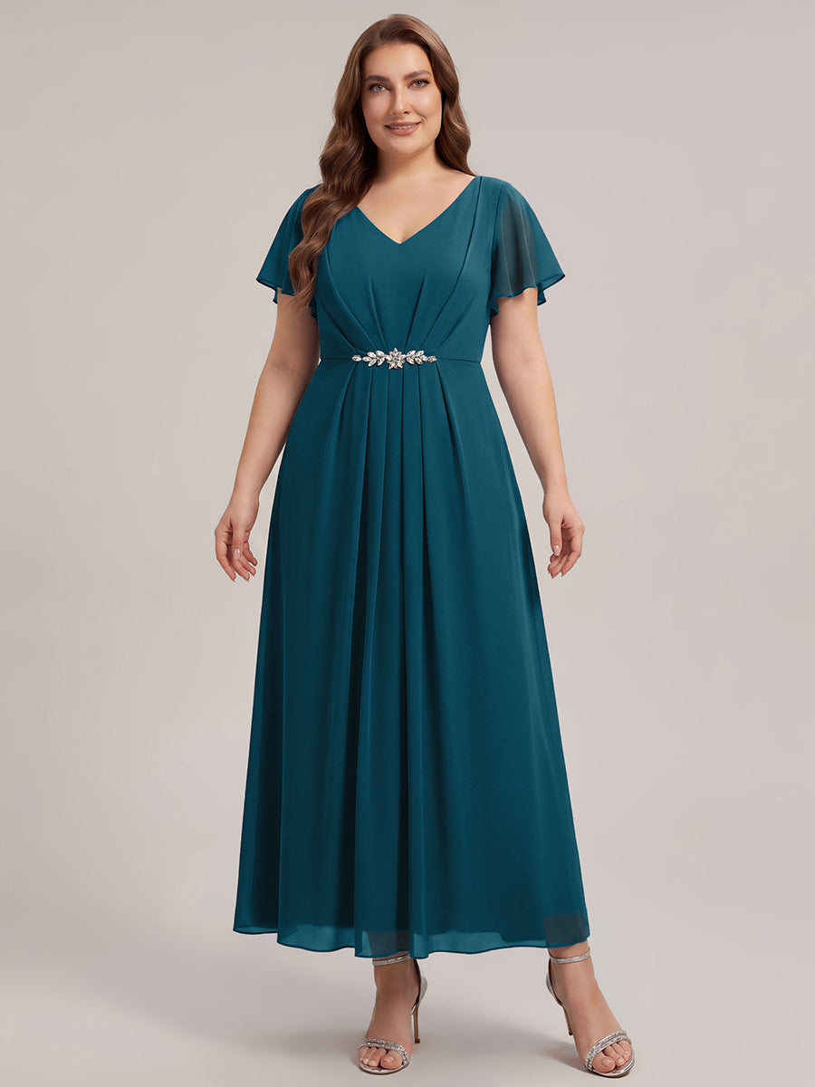 Kn?chellang V-Ausschnitt A-Line Chiffon Kleid R¨¹schendetails Strassverzierungen #Farbe_Petrol