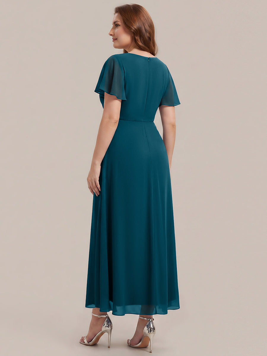 Kn?chellang V-Ausschnitt A-Line Chiffon Kleid R¨¹schendetails Strassverzierungen #Farbe_Petrol