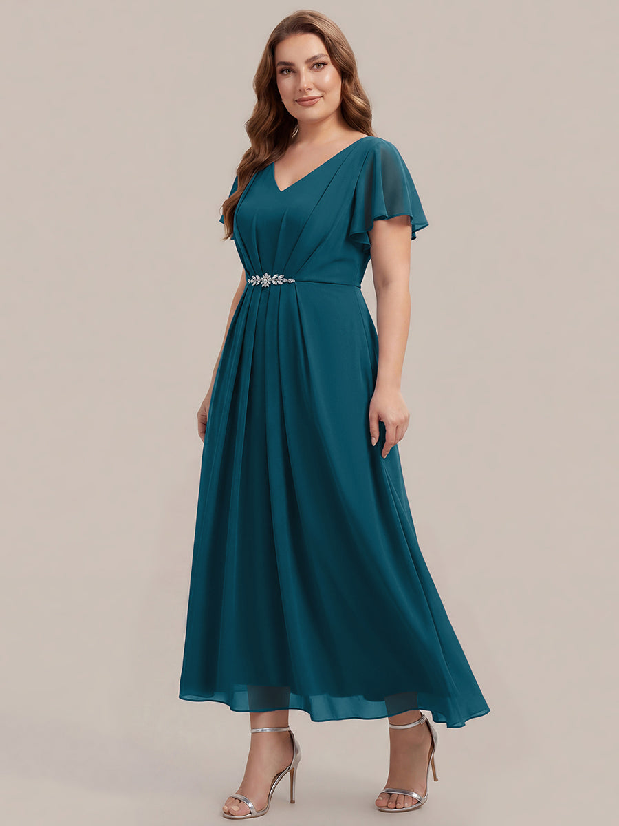Kn?chellang V-Ausschnitt A-Line Chiffon Kleid R¨¹schendetails Strassverzierungen #Farbe_Petrol
