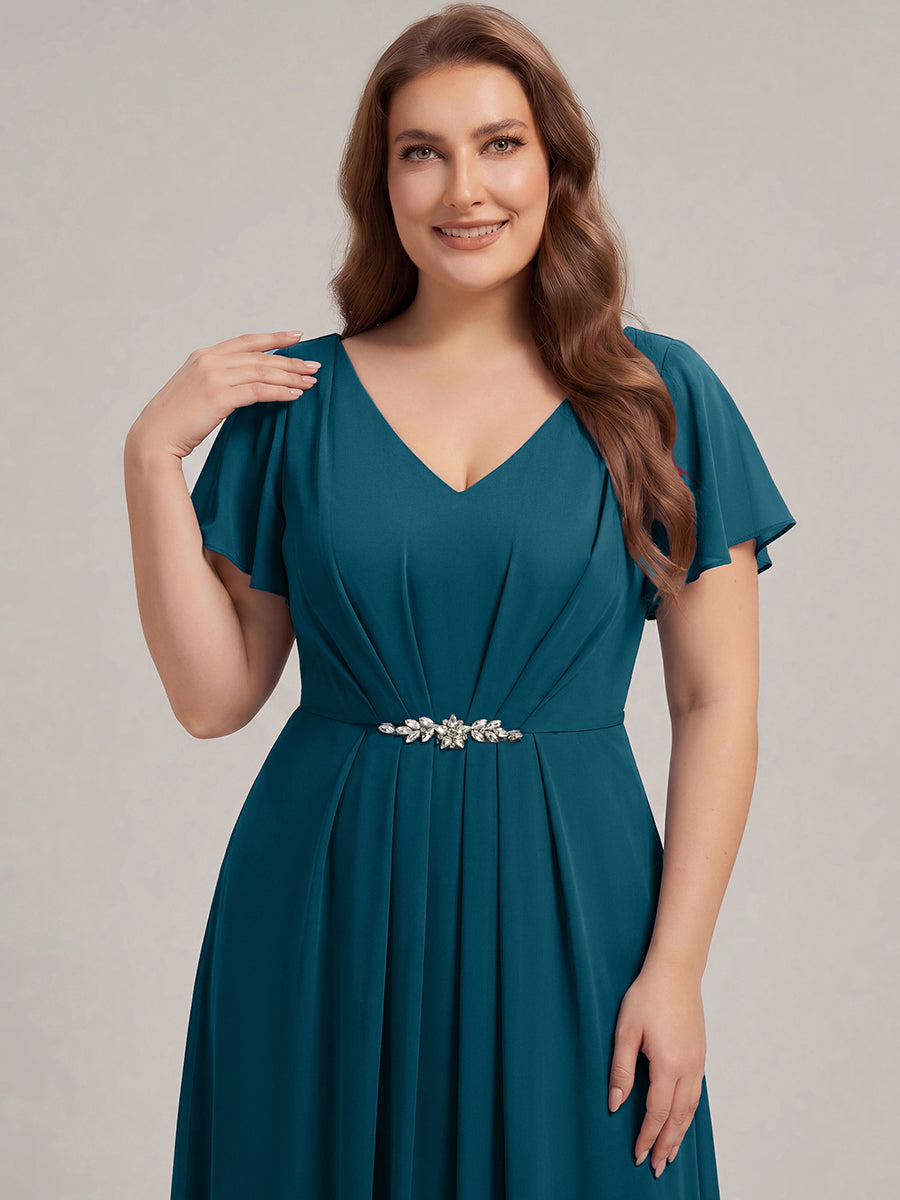 Kn?chellang V-Ausschnitt A-Line Chiffon Kleid R¨¹schendetails Strassverzierungen #Farbe_Petrol