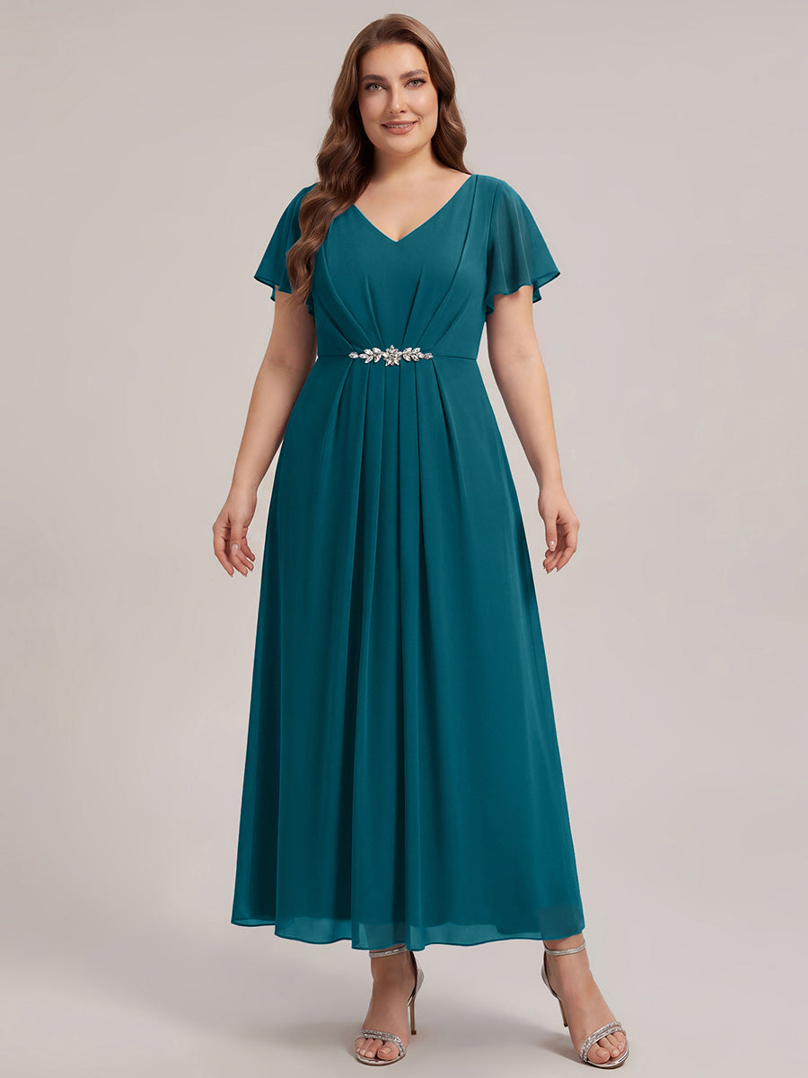 Kn?chellang V-Ausschnitt A-Line Chiffon Kleid R¨¹schendetails Strassverzierungen #Farbe_Petrol