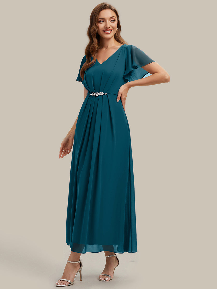 Kn?chellang V-Ausschnitt A-Line Chiffon Kleid R¨¹schendetails Strassverzierungen #Farbe_Petrol