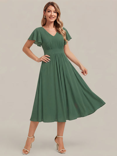 Midi Tee-L?nge Smocked A-Linie Kleid Mit V-Ausschnitt Aus Chiffon Elegant Und Stilvoll Kleid #Farbe_Eukalyptus