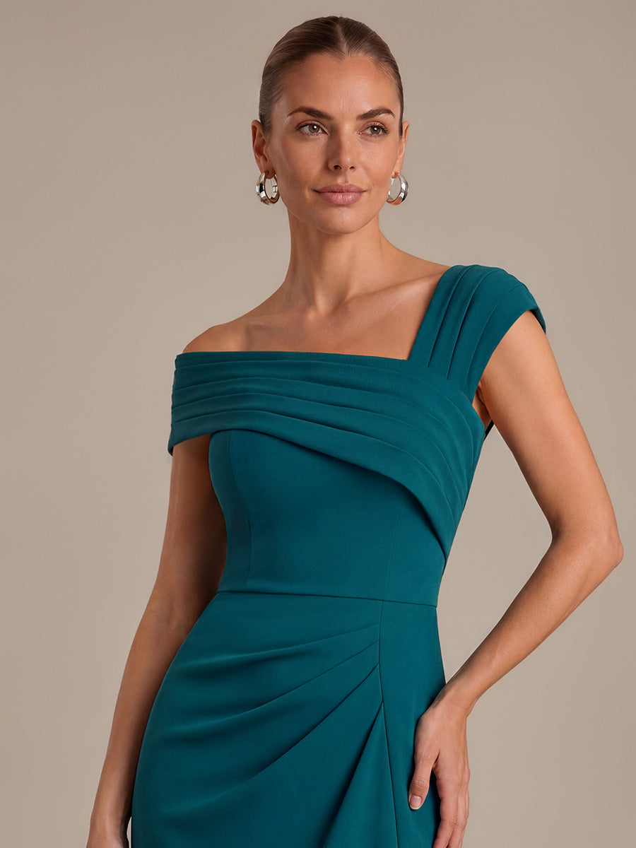 Midi Tea Länge Etui Kleid Quadratischer Ausschnitt Krepp 3D Drapierung Schlitz #Farbe_Petrol