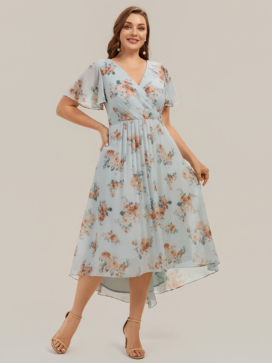 Asymmetrischer Saum V-Ausschnitt A-Linie Chiffon Kleid R¨¹schendetails Gepunkteter Druck #Farbe_Bernstein